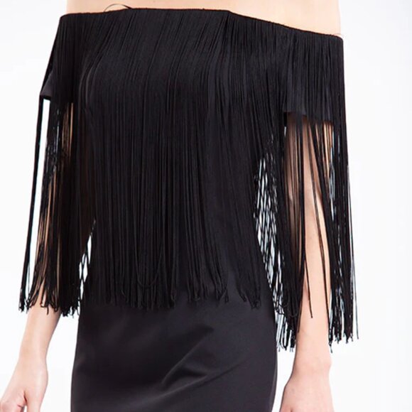 ✰ Black Fringed Zara Mini Dress - Off the Shoulder with Festival-Ready Style ✰ - Picture 2 of 15